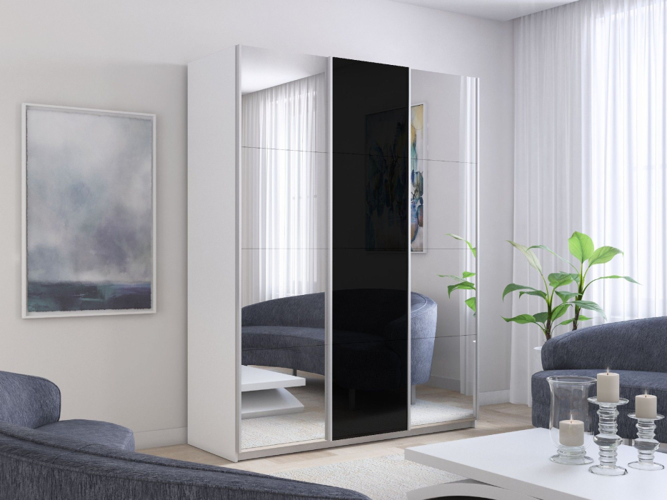 Шкафы-купе 3-х дверные, Шкаф-купе Прайм 3-х дверный Зеркала/Стекло черное/Доводчики 210х57х230