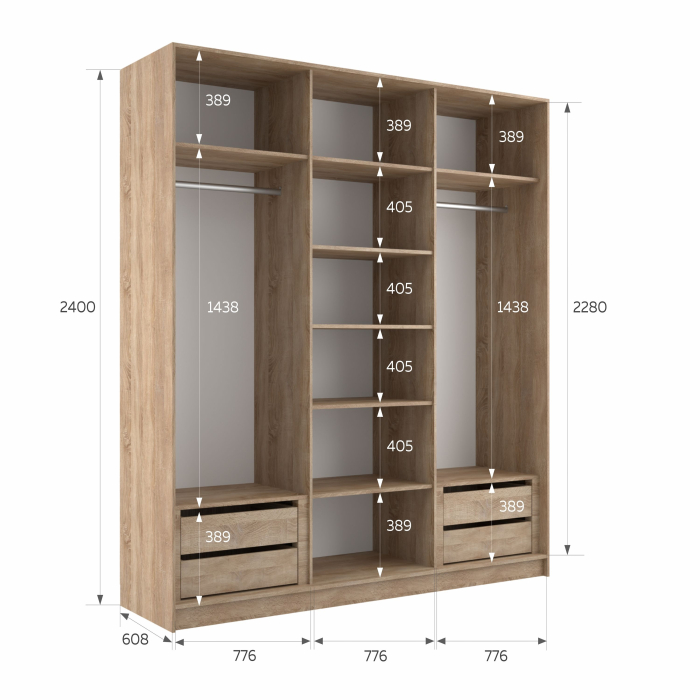 Шкафы-купе 3-х дверные, Шкаф-купе Эста Трио Стекло белое 240х66х240