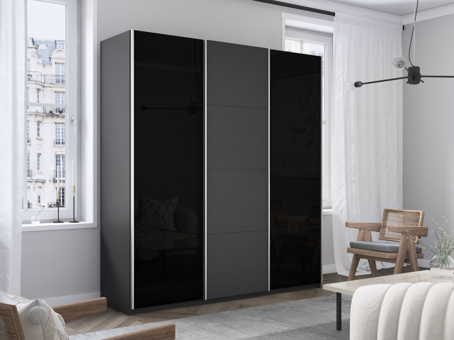 Шкафы-купе 3-х дверные, Шкаф-купе Прайм 3-х дверный Стекла черные/ДСП/Доводчики 180х57х230