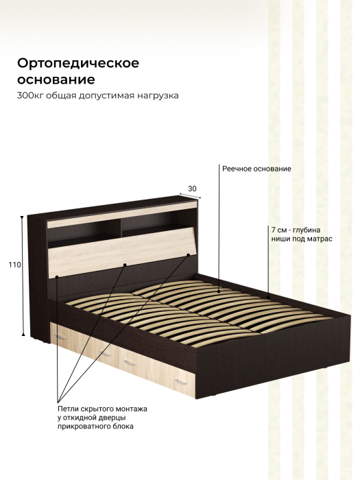 Полутораспальные, Кровать Виктория с прикроватным блоком и ящиками 120х200