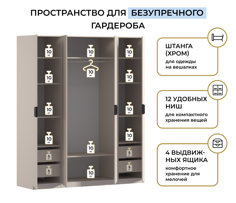 Для одежды, Шкаф четырехдверный Макс 2000 мм, вариант №2 (ЛДСП/МДФ)