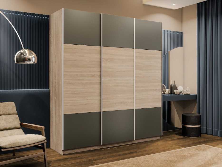 Шкафы-купе 3-х дверные, Шкаф-купе Эста 3-х дверный ДСП/Стекла хаки/Доводчик 240х66х240