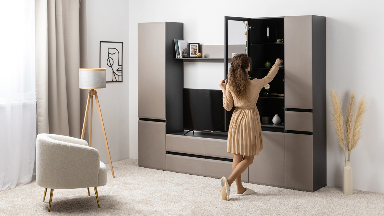 Шкафы распашные, Шкаф с ящиком Сидней 13.202, антрацит, веллюто капучино