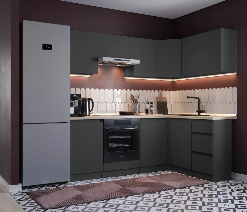 Кухонные гарнитуры, Кухонный гарнитур Леон угловой 210х140 см, диамант серый