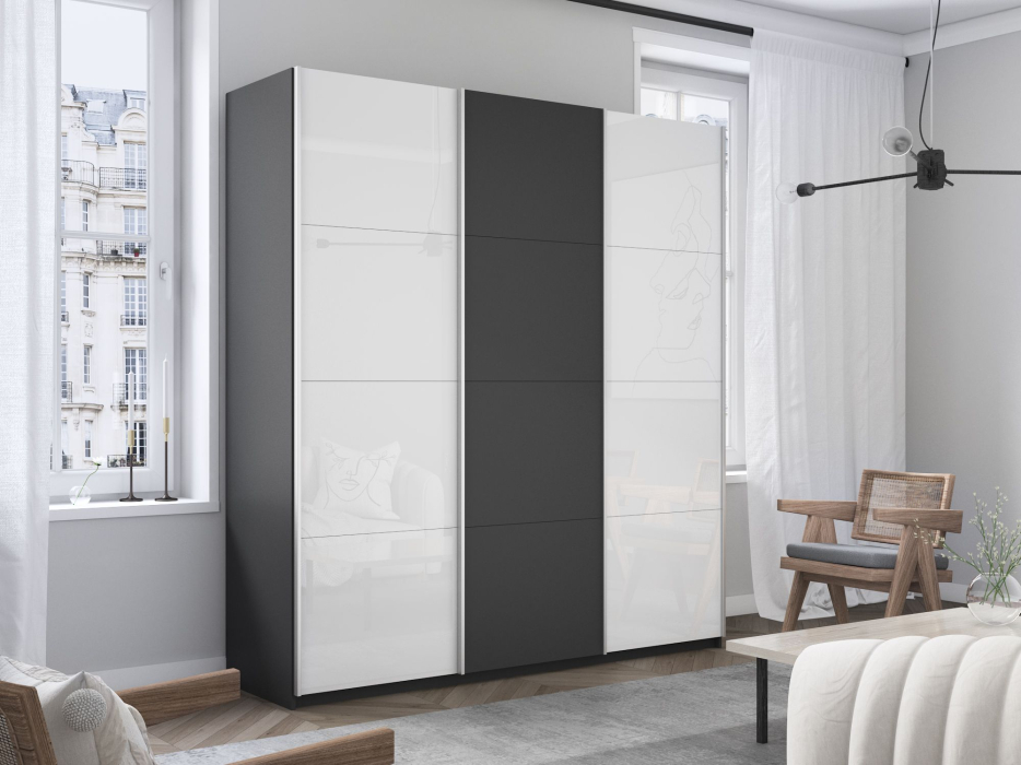Шкафы-купе 3-х дверные, Шкаф-купе Прайм 3-х дверный Стекла белые/ДСП/Доводчики 180х57х230