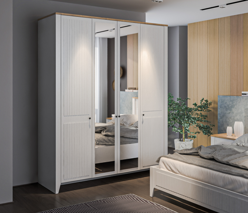 Для одежды, Шкаф 4х дверный Монтана СБ-3543 Белый Альпийский,Дуб Гамильтон/МДФ Дуб Белый