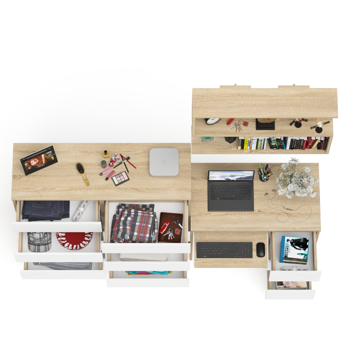 Домашние кабинеты, Стол компьютерный Мори МС-6 ящики справа с высоким комодом и полочкой для книг