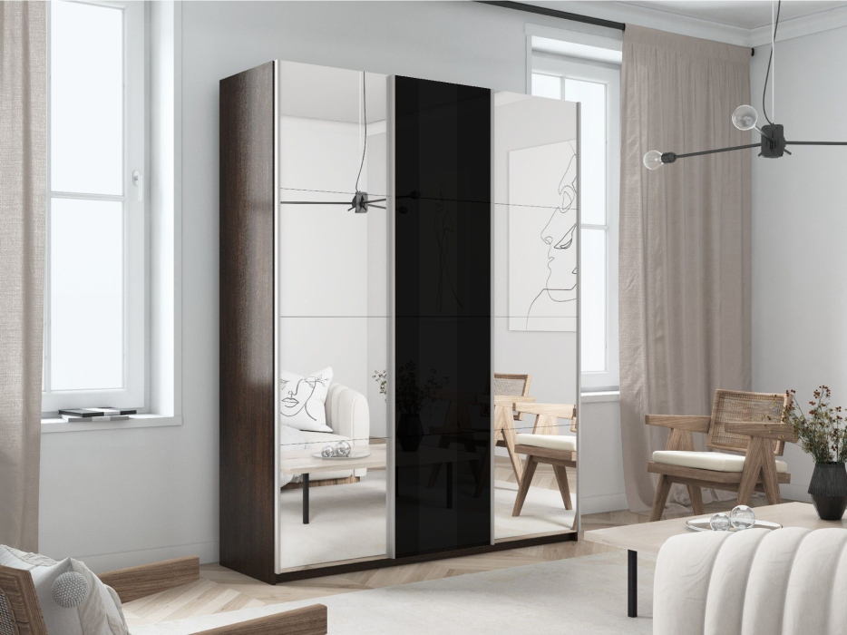 Шкафы-купе 3-х дверные, Шкаф-купе Прайм 3-х дверный Зеркала/Стекло черное/Доводчики 210х57х230