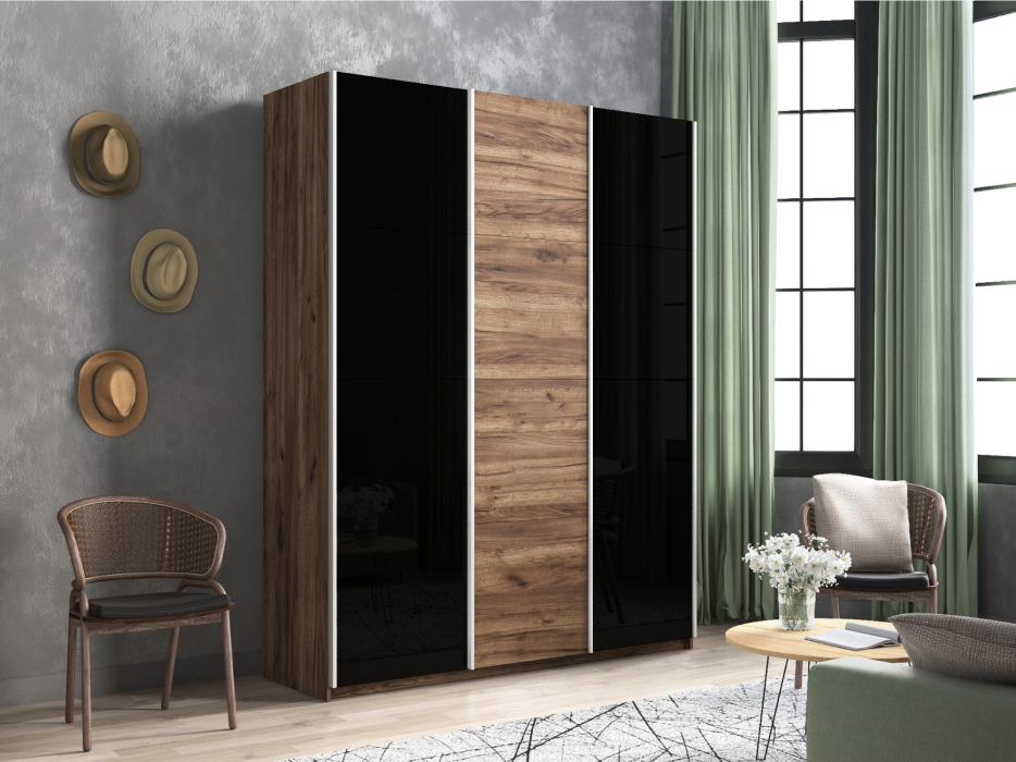 Шкафы-купе 3-х дверные, Шкаф-купе Прайм 3-х дверный Стекла черные/ДСП/Доводчики 180х57х230