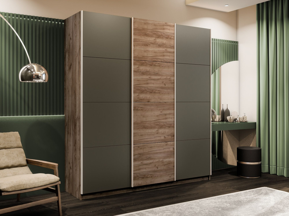 Шкафы-купе 3-х дверные, Шкаф-купе Прайм 3-х дверный Стекла хаки/ДСП/Доводчики 210х57х230