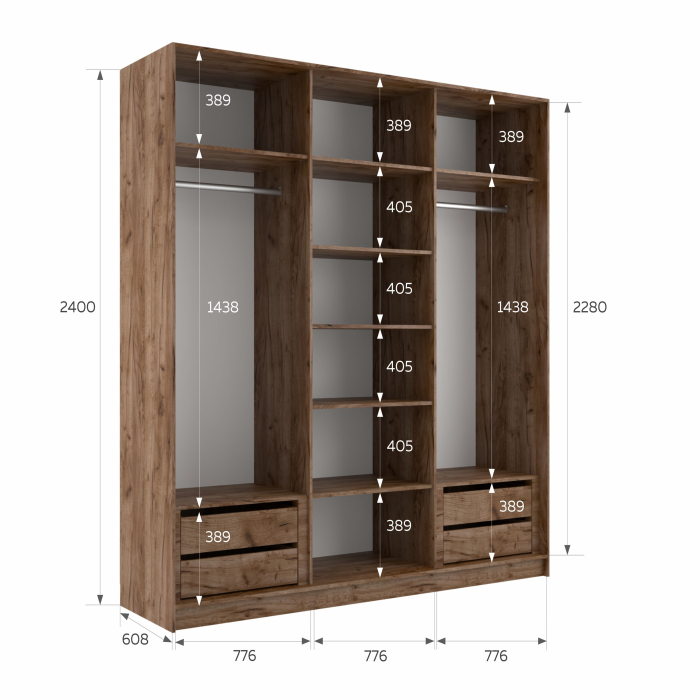 Шкафы-купе 3-х дверные, Шкаф-купе Эста Трио Стекло белое 240х66х240