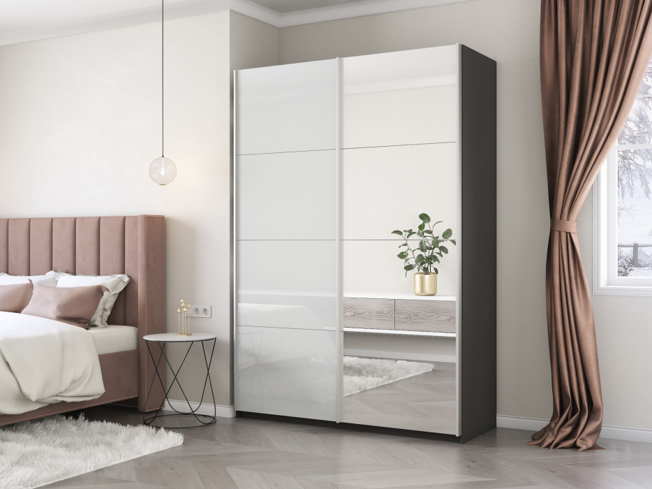 Шкафы-купе 2-х дверные, Шкаф-купе Прайм 2х дверный Зеркало/Белый Глянец 120х57х230